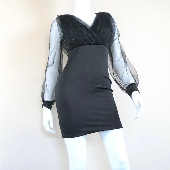 CBR Dresses & Skirts - CBR Sheer Sparkle Mesh Long Sleeve Body Con Dress